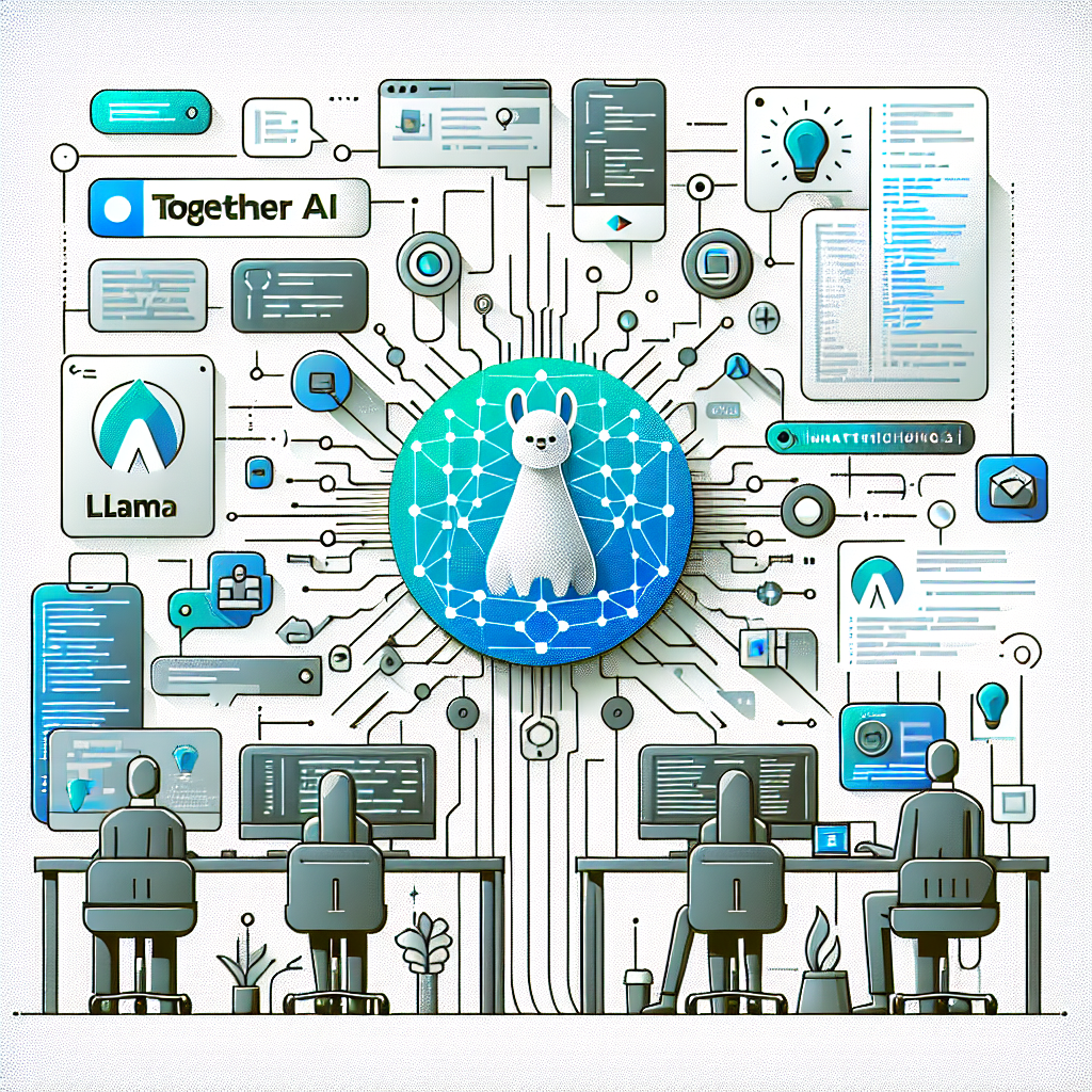 Create a corporate and flat style 2D vector illustration with a linear perspective representing the innovation in Artificial Intelligence (AI) by Together AI. The scene unfolds on a plain white and textureless background. Central to the image is the logo of Together AI and Llama 3.2, symbolizing the company responsible for innovation and the new AI model respectively. Surround these logos with graphic representations of a software application under development, like code snippets and wireframes. On the periphery, integrate icons symbolizing image and text to illustrate the multimodality of the new models. Employ tech colors like shades of blue, green, and grey to convey an atmosphere of modernity and innovation.