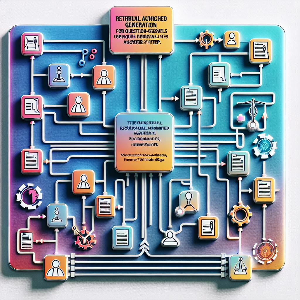 An image showing the working of a Retrieval Augmented Generation (RAG) system for question-answer setups against a white, textureless background. The RAG system is displayed through a visual representation of data flow between models, represented by futuristic colored circuitry symbols representing the technology used. Legal document icons symbolize human rights data, with directional arrows showcasing the flow of the system. The image is presented in a 2D linear perspective, stylistically designed in a professional, corporate vector-based, flat style.