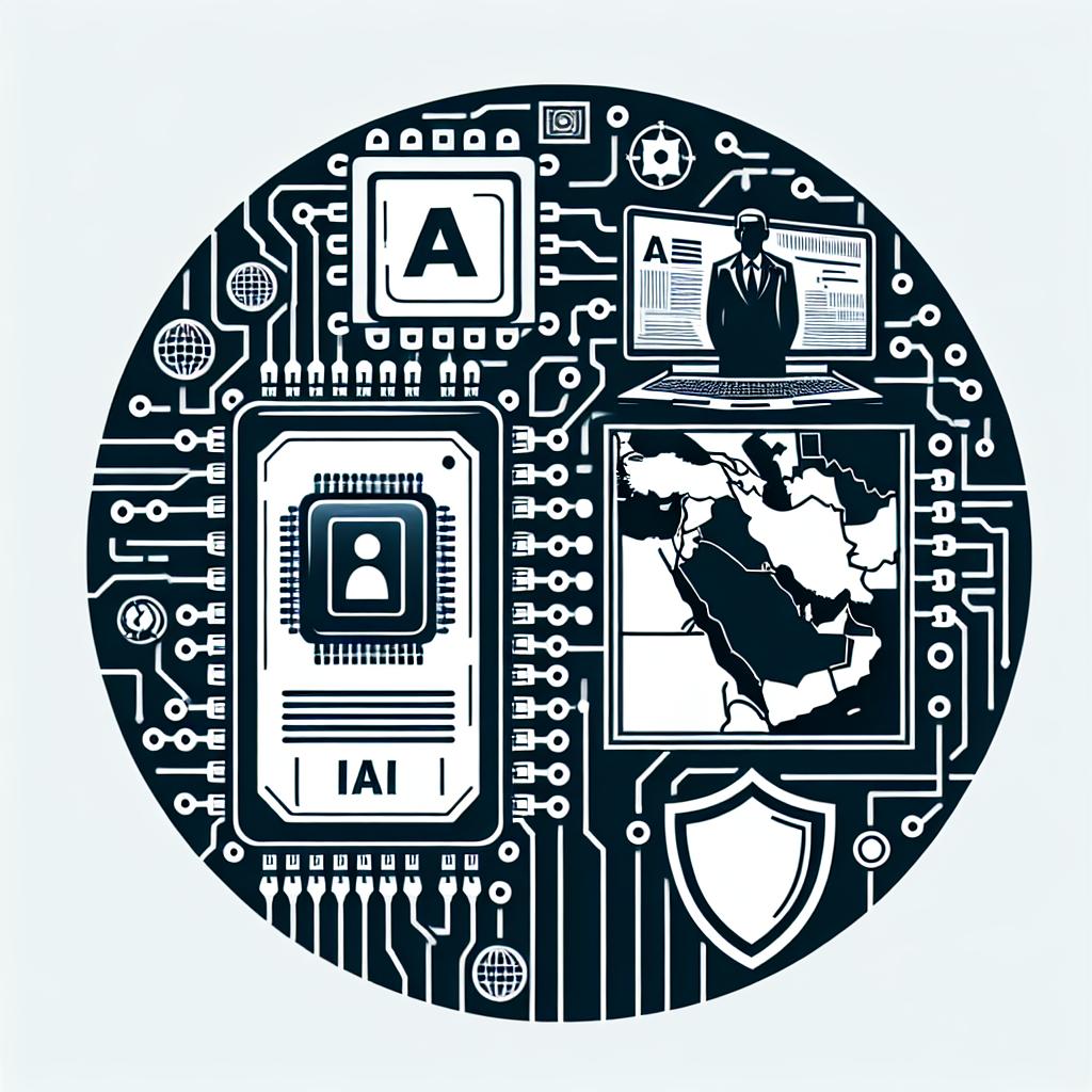 Create a flat vector-based, corporate-style image in a 2D, linear perspective. The background of the image should be plain white. The main element should be AI chips used to represent the focus of the negotiation. Alongside, a map of the Middle East suggesting geopolitical involvement. Depict generic technology logos that represent the two tech companies that doesn't infringe any copyright. Add a shield to symbolize national security. All these elements should collectively depict the technology industry, with an emphasis on AI chips, set against a backdrop suggesting national security and international relations.