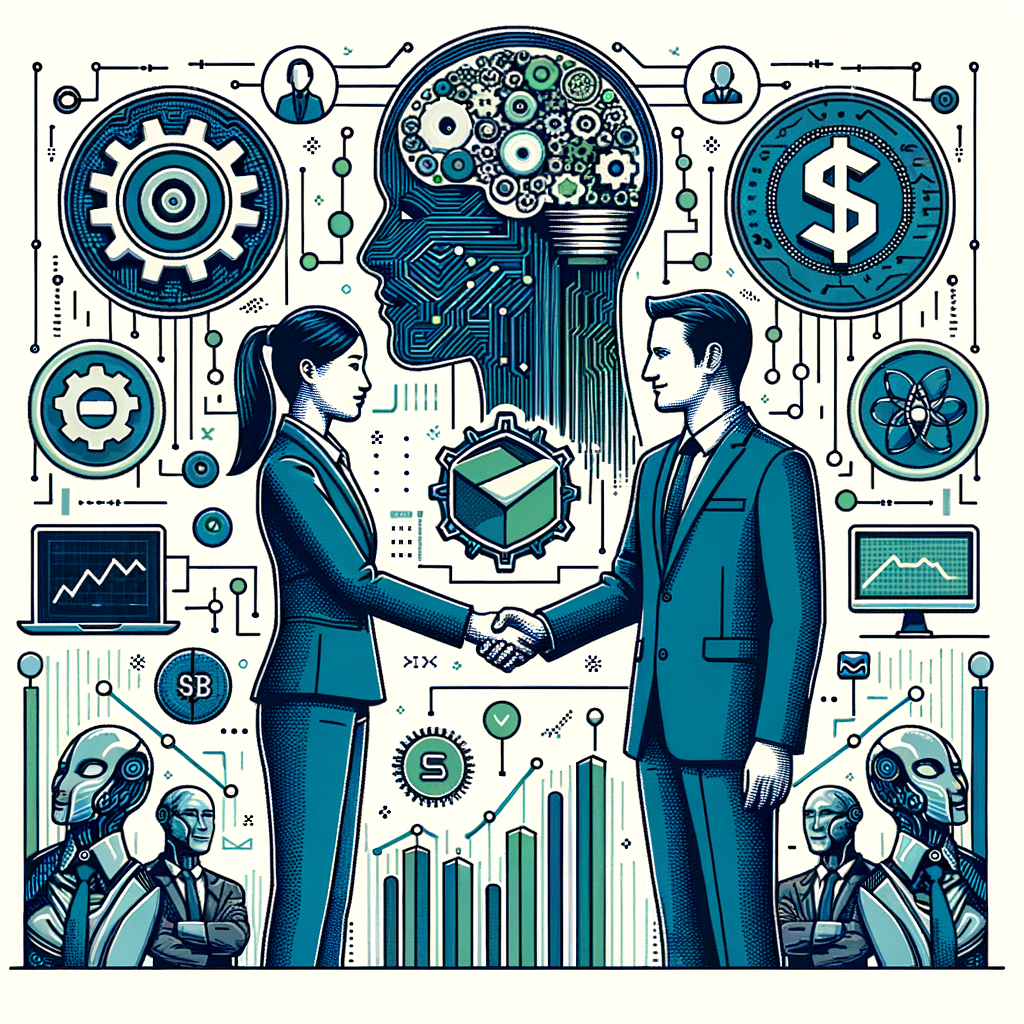 Generate a 2D, linear perspective, vector style, and corporate flat illustration on a textureless white background. The image features a South Asian female executive and a Caucasian male executive shaking hands, symbolizing the partnership between their respective companies. On the backdrop, include technology icons that represent innovation in Artificial Intelligence. Also include graphs and financial data to symbolize investment and financial support. The companies are identified by two simple badges instead of logos, one implying Anthropic and the other symbolising Menlo Ventures. The color palette is dominated by shades of blue and green, intending to depict trust and growth.