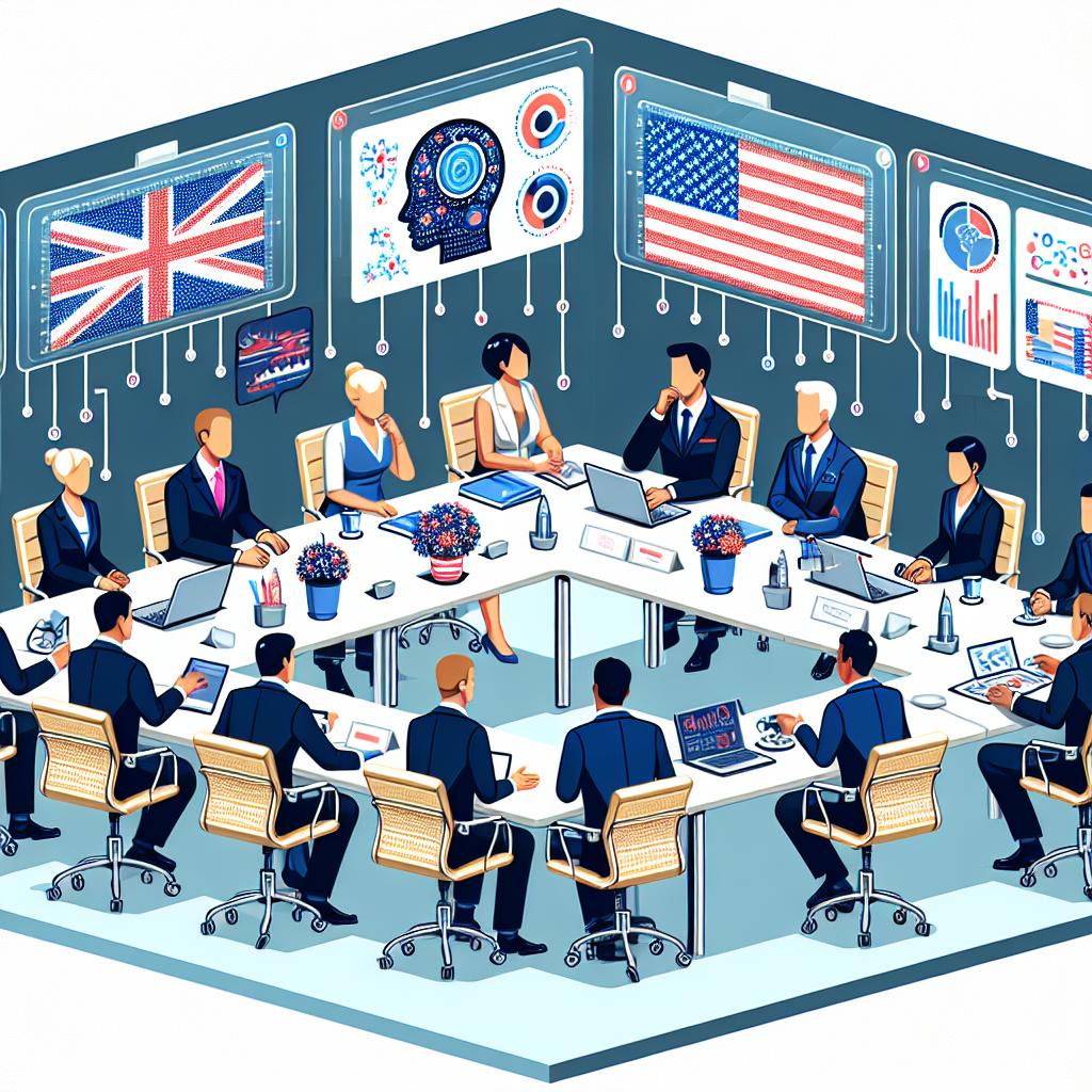 Depict a corporative, vector-style 2D scene set on a white, untextured background. In the image, there are government and business leaders, some of South Asian descent and others of Caucasian descent, sitting around a conference table. They are having an animated discussion about artificial intelligence and its future implications. The table is adorned with the flags of the UK and the USA, symbolizing international collaboration. There are also panels displaying data representing the impact that AI has on the economy. A sense of unity across different sectors is emphasized in the image.