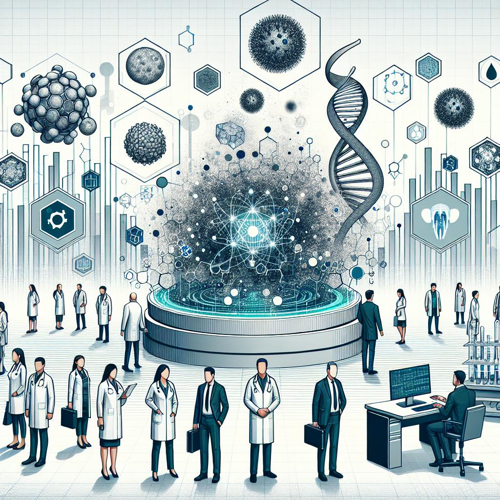 In a flat, corporate, and vector art style, a 2D, linear perspective illustration depicting the intersection between artificial intelligence (AI) and biotechnology. It showcases a diverse panel of healthcare professionals and AI engineers collaborating to develop new therapies. They stand in front of a stark white, textureless backdrop. In the foreground, additional elements such as digital cells and molecules can be seen, which emphasize the focus on biotecnology. Also, a computer, crammed with visible data, symbolizes the use of AI for analysis, while growth charts highlight the positive impact of these innovations.