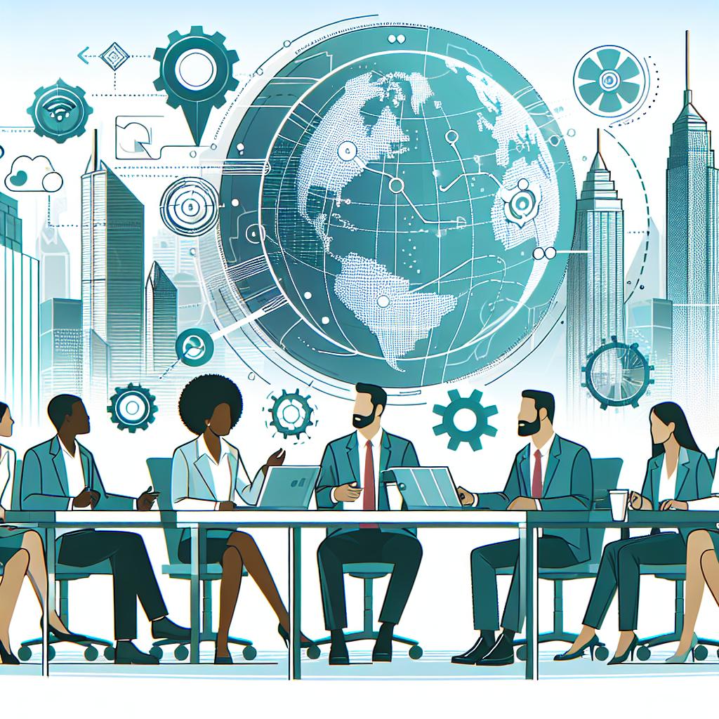 Illustrate a 2D, linear perspective, vector-style, flat, and corporate image on a white and textureless background. Depict a diverse group of business leaders discussing technology in a global context, signifying the need for unified AI regulation. Elements in the image should include a globe signifying global discussion, a data table signaling the importance of data analysis in AI, technology devices symbolizing the innovation AI brings, and a diverse group of people (a black woman, a Hispanic man, a South Asian woman, and a Middle Eastern man) to emphasize the necessity of inclusion in the discussions.
