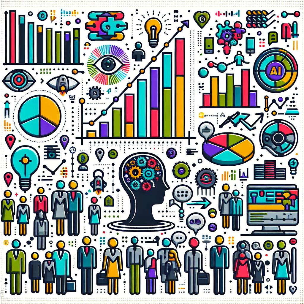 Create a 2D, flat vector graphic in a corporate style. The image would be set against a texture-less white backdrop. Visualize statistical data related to the use of artificial intelligence in the field of marketing with vibrant colored icons to portray growth and customer interactivity. Include pictorial representations of growth graphs, highlighting the AI market and its projections. Further, depict icons of users and customers symbolizing interactivity and personalization. Incorporate informative texts to draw attention towards the key statistics.