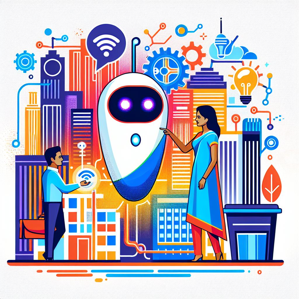 Design a 2D vector-based and flat corporate-themed image. The main complements of this picture include an AI assistant, which signifies the innovative technology of a non-specified start-up, interacting with a user, thus symbolizing innovation and low-cost solutions in the tech industry. The interaction takes place in an Indian urban setting, in order to capture the idea of the growing and potential market. Make use of vibrant colors to underline the energy and dynamism of the tech sector. The background of the picture should be plain white, texture-free.