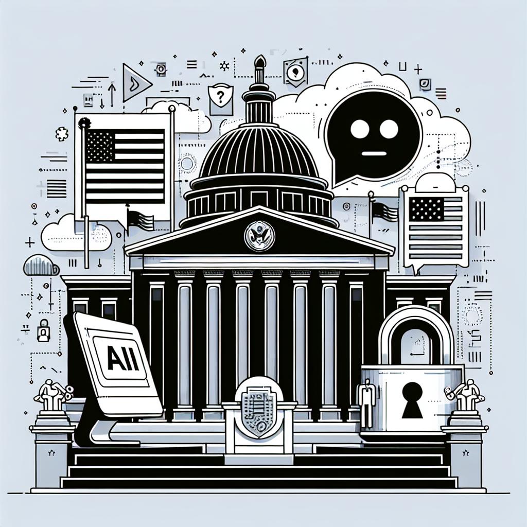 Create a 2D, flat, vector-styled, corporate illustration on a plain white background. The scene depicts an abstract legislative debate about banning an AI chatbot on government devices on account of national security concerns. The illustration should incorporate various elements including: a representation of the Capitol Building to symbolize legislative discussions; a computer and AI icons to symbolize technology; a flag of the USA to emphasize the nationality of the proposal; a padlock to symbolize security and privacy concerns. The depiction should be linear and devoid of any texture.