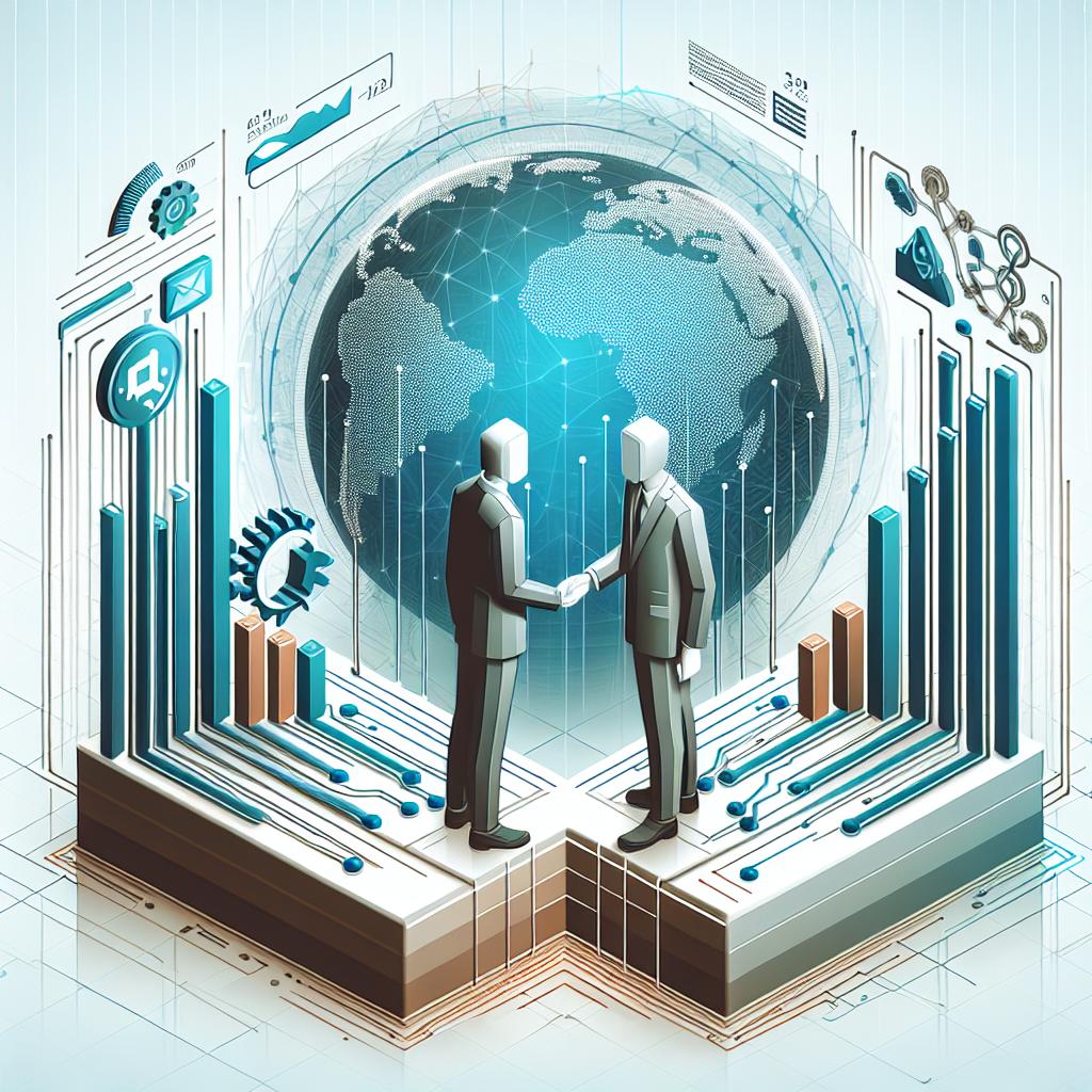 Illustrate a strategic collaboration between two major technology companies. Highlighting the two corporate logos, one of an e-commerce giant and the other a global technology leader, against a background that symbolizes innovation and technology. The style of the image should be vectorial and flat, with a corporate tone. The background should be white and textureless. The perspective should be two-dimensional and linear. Additional elements should include a technology-themed background - symbolizing innovation and progress in the AI sector, and progress bar charts - showcasing stock appreciation.