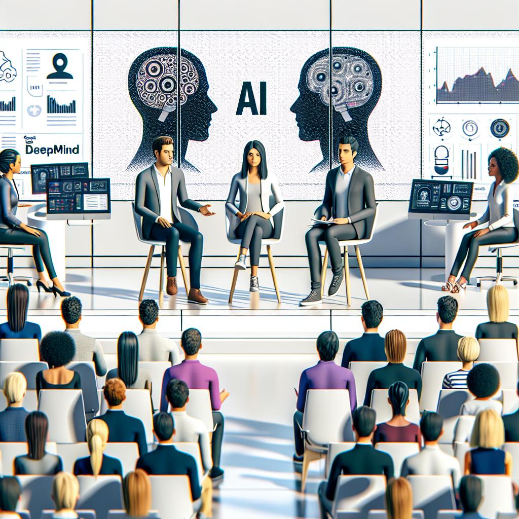 Render a 2D, flat vector image in a corporate style, portraying an engaging TechCrunch Sessions: AI event taking place in an innovative, modern environment. The focus should be a diverse audience from different fields of work and interests, actively listening to speakers from Google DeepMind, Cohere, and Twelve Labs sharing their ideologies. These speakers are represented by three individuals of varying gender and descent: a Hispanic female, a Caucasian male, and a Middle-Eastern female. Visible around are various screens and equipment displaying charts and data related to artificial intelligence. The image backdrop should be simple and white, devoid of any texture.