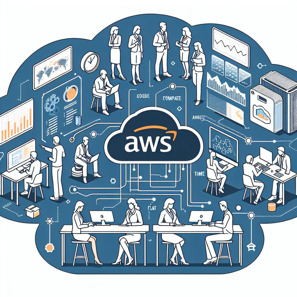Create a 2D, linear perspective image that captures the innovative spirit of AWS. The image should be vector style, corporate and flat, set against a plain, white background. The center of the image should feature diverse teams of AWS technology developers illustrated in a collaborative setting. Add elements such as a cloud, signifying AWS's infrastructure, and real-time data analysis graphs. These elements should be integrated into the team's workflow, symbolizing the development of AI models.