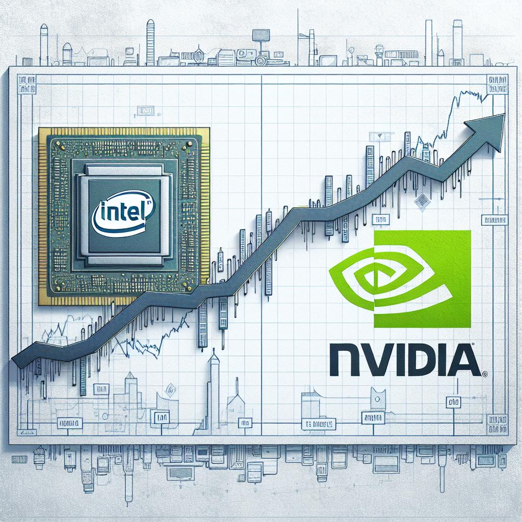 Imagine a 2D, flat styled, vector image with a corporate feel on a white, textureless background. The picture illustrates the shift in leadership in the semiconductor industry from Intel to Nvidia. On one side, place the old logo of Intel that signifies past tradition and leadership. Towards the right, present the logo of Nvidia, symbolizing future promises and innovation. Connecting these two logos, picture an ascending stock performance graph showing a comparative performance of both the companies. In the background, subtly include tech industry-related elements to provide context to the semiconductor market.