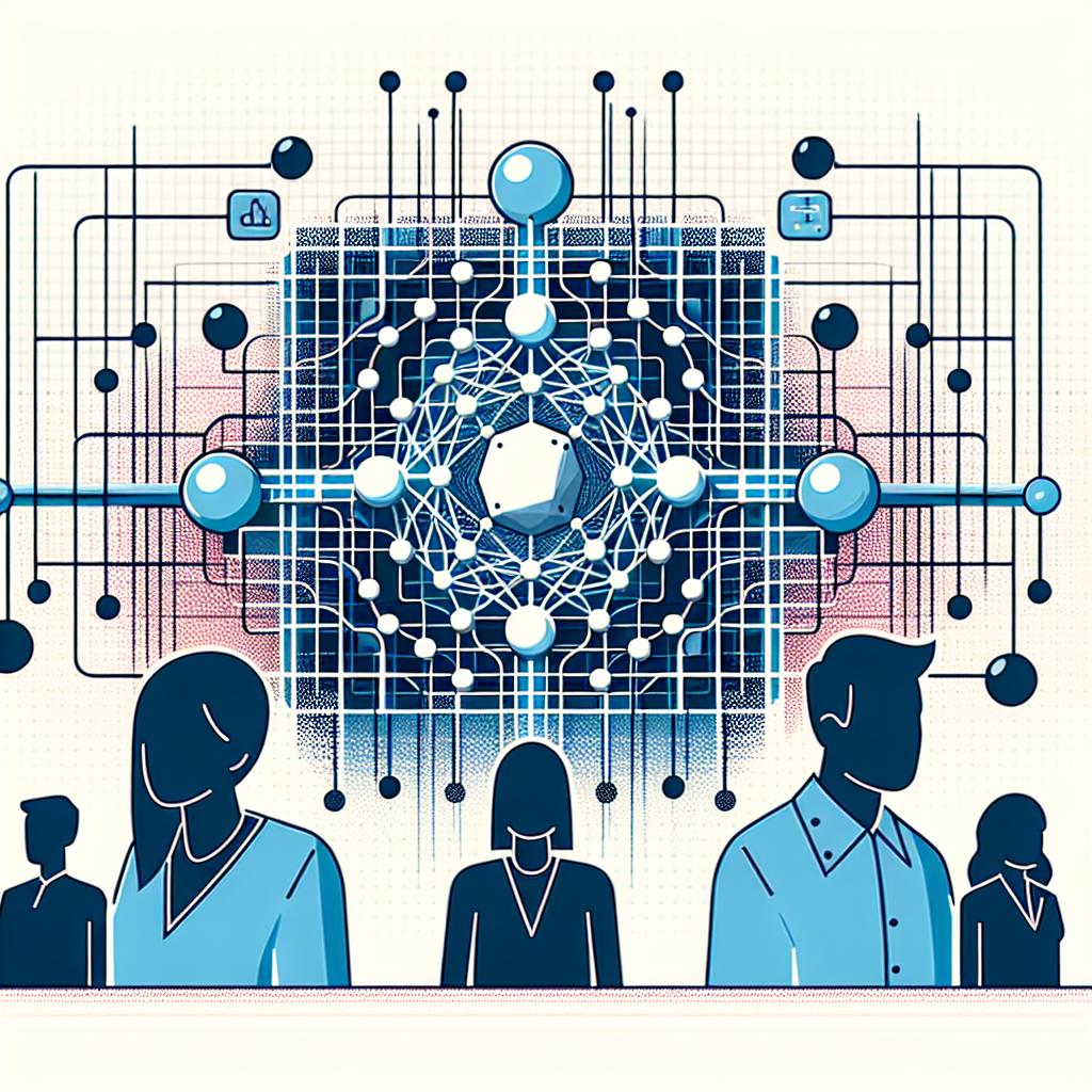 In a flat, corporate vector style, create a 2D linear perspective illustration representing topological qubits and the interaction of Majorana quasiparticles. Set it all against a white and textureless background. Use cool colours to convey a sense of modernity and technology. Include representations of quantum circuits to portray the complexity of quantum computing, adding a futuristic appearance to emphasize innovation. Incorporate silhouettes of a diverse team of scientists, including a Black woman, a Caucasian man, a Hispanic woman, and a South Asian man, symbolizing collaborative research.