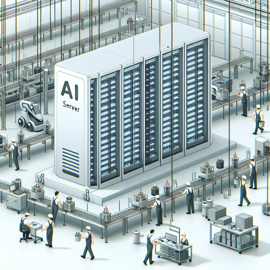 Depict a clean, modern AI server manufacturing line inside a factory. In a simplistic, flat, and corporate style, the scene unfolds in 2D linear perspective against a plain, white, and textureless backdrop. Highlight the precision of the server's construction as well as the innovation its existence symbolizes. Capture the bustling scene of diverse ethnicity workers carrying out various manufacturing tasks. Ensure to showcase the impressive scale of the production line, hinting at the significant increase in demand for such technology.
