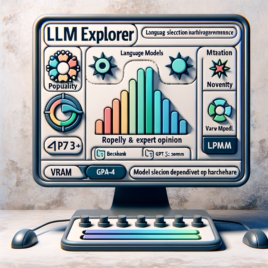 A 2D, flat, corporate-style representation of the LLM Explorer user interface showcasing its new ranking system and VRAM-based model selection feature. The interface is placed on a textured free, white background. It contains icons representing popularity, novelty, and expert opinion which signify the aspects of the fresh ranking system. Display a VRAM slider indicating the novel functionality of model selection dependent on hardware requirements. Visually depict various language models including referenced benchmarks such as 'Claude 3.5 Sonnet', 'GPT-4 Turbo', and 'GPT-4'.