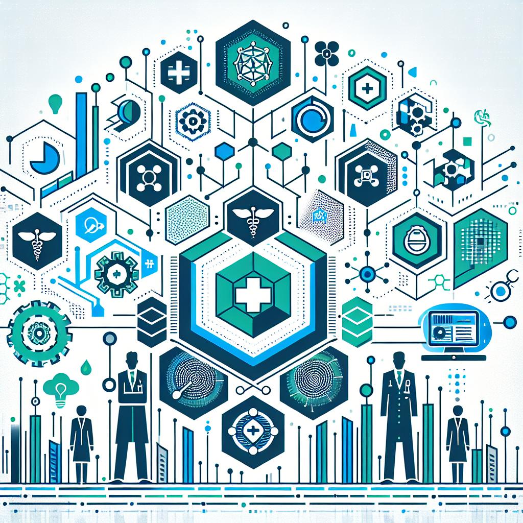 Craft an image in a 2D, linear perspective in a corporate and vectorial style. Use a white, untextured background. The setting should signify the collaborative efforts of two tech companies as represented by their logos. The image should be saturated with elements like data graphs to represent data analysis and automation, symbols related to health indicating a new solution for healthcare, and efficiency icons to imply an enhancement in productivity. The chosen color palette should be blue and green, signifying technology and health respectively. Avoid any representations of human figures.