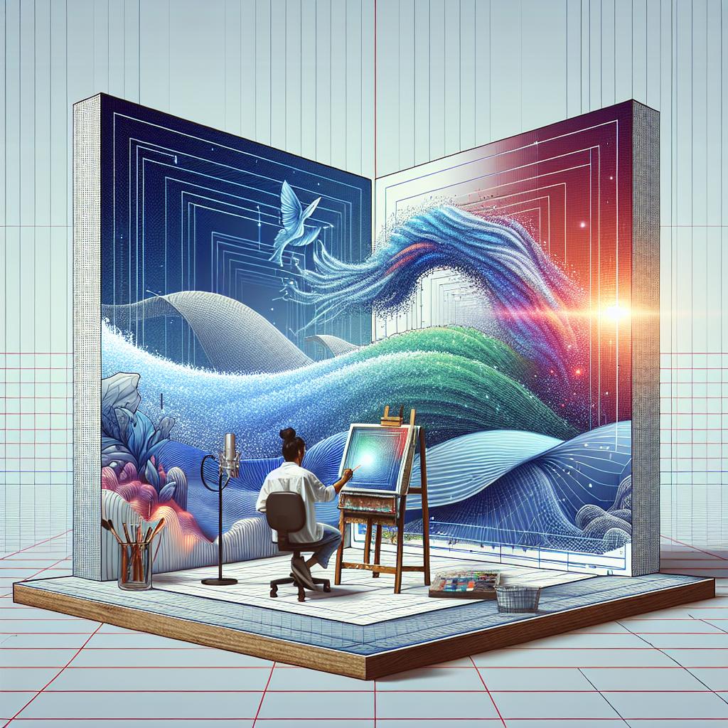 Create a vector-image depicting a futuristic scene unfolding in a 2D, linear perspective. The setting has a clear, textureless white backdrop. At the forefront is an artist of South Asian descent, working with a digital canvas that symbolizes a significant tool for creators. The digital canvas is vibrant with dynamic, computer-generated images that symbolize the wave of new technology brought about by the Stable Diffusion 3.5 AI model. The overall mood of the image should reinforce the theme of technological innovation. Note: Maintain a corporate and flat style throughout the composition.