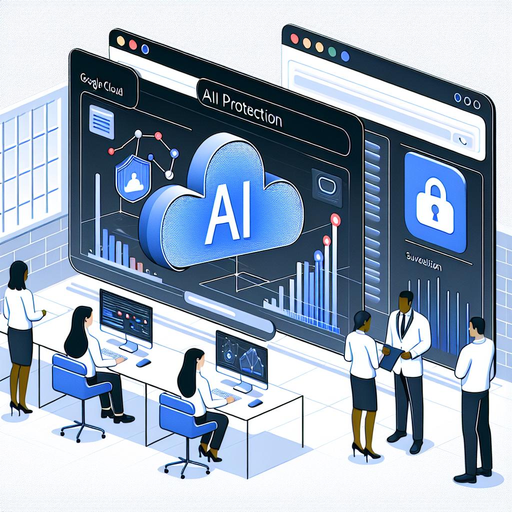 Illustrate in a vector-style, flat, and corporate manner, the scene of a modern corporate environment where Google Cloud's AI Protection interface is being displayed. The image is to be from a 2D, linear perspective on a white and textureless background. Depict a statistical graph showing real-time data surveillance and monitoring. Incorporate employees, a Caucasian female and a Black male, both concentrating on analyzing the data displayed on the screen, representing teamwork in security implementation. Incorporate Google-Cloud-like logos to emphasize the solution's reliability. Please, maintain subtlety for the logo to avoid pointing to specific entities.