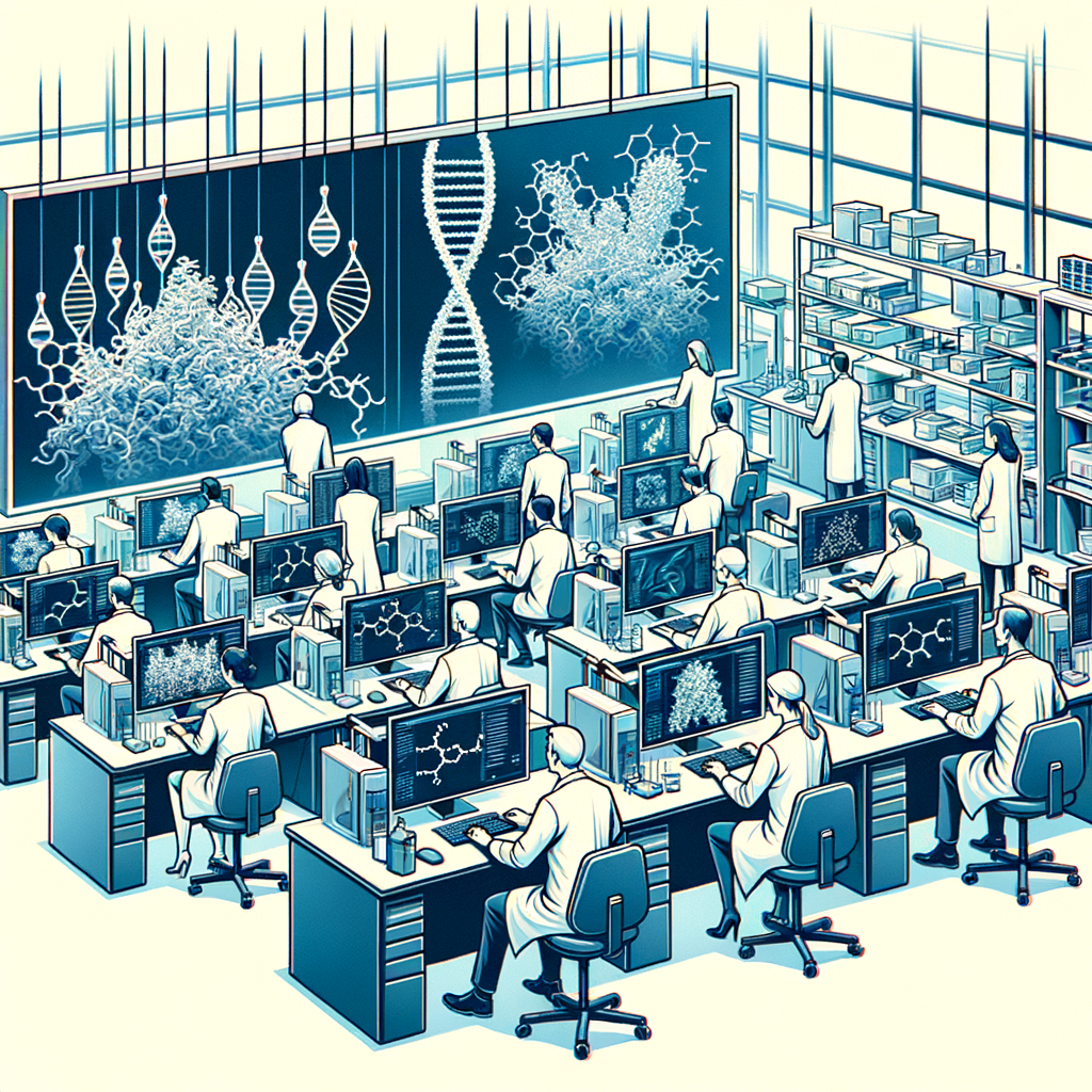 Create a flat, corporate, vector-style illustration representing a modern research lab interior. The lab should be filled with scientists of varying descent and gender, each deeply engrossed in their work at their respective computer stations. On the computer screens, there are intricate structures of proteins, symbolizing the usage of AlphaFold in drug discovery. These computational technologies speak to the advanced simulation tools being used. The scientists are shown interacting and collaborating, highlighting the cross-pollination of different research fields. The background is white and untextured, underscoring a clear, streamlined 2D linear perspective.