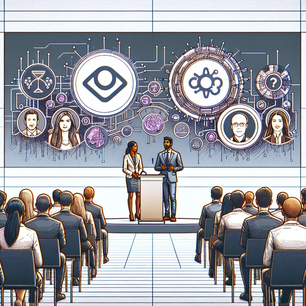 Create a 2D, linear-perspective, vector, corporate-style image, set against a white, textureless background. The image depicts a technology conference taking place in London. On a stage, a South Asian man and a Hispanic woman, identified as tech leaders, are discussing innovations, representing the presentation of new technologies. In the foreground, the logos of two tech companies, Synthesia and ElevenLabs, are highlighted. These logos symbolize the partnership between the two companies, announced on September 17th, 2024. In the audience, people of diverse genders and descents seem to be attentively following the presentation, indicating their interest in using AI for videos.