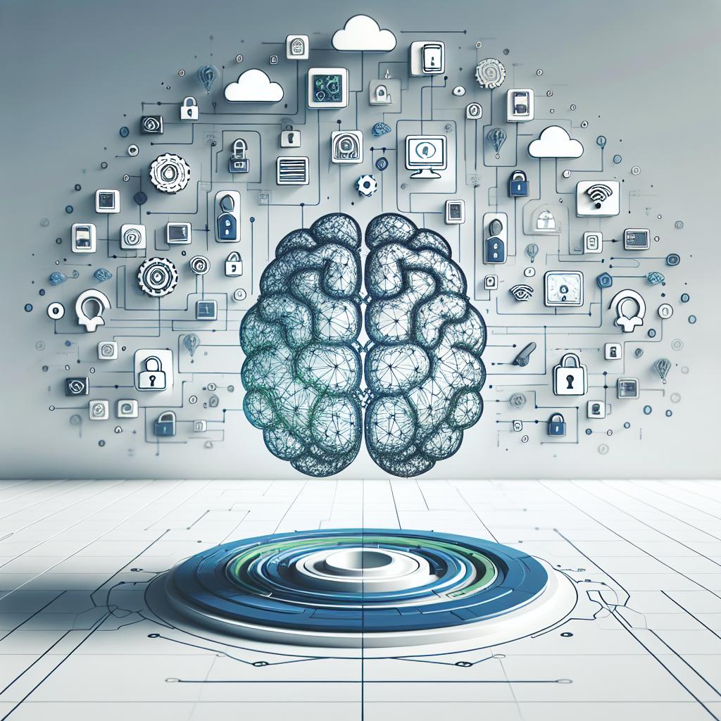 Visualize a modern digital environment symbolizing technology as the setting, and ensuring the background is white and textureless. In the foreground, include a stylized brain to represent artificial intelligence. Around the brain, depict icons of social media platforms, which are the places where content moderation is applied. Incorporate safety elements like padlocks to represent data protection. The image should look flat and incorporate a corporate style. The scene should be in 2D with linear perspective. The color theme should be blue and green, symbolizing technology and trust respectively.