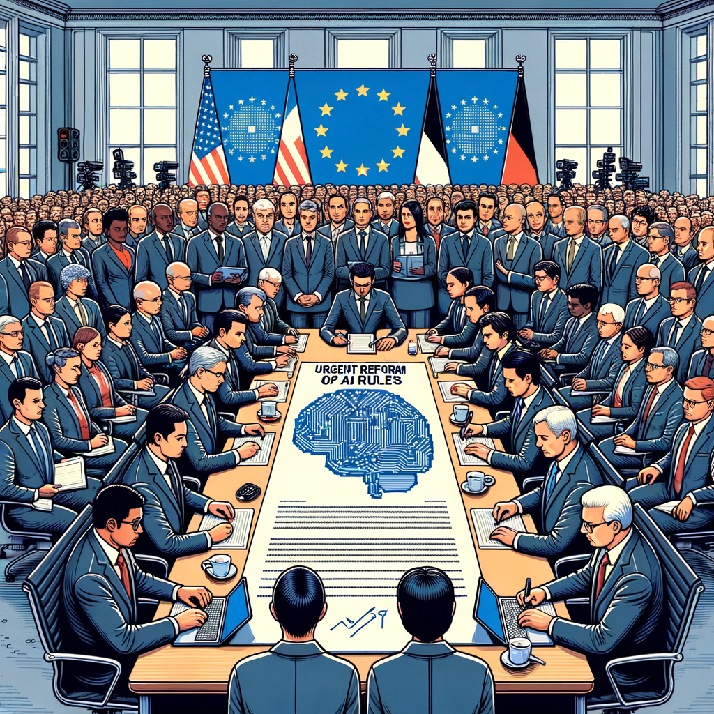 A detailed, vector-style, corporate flat 2D illustration set in a linear perspective, presenting a scenario inside a conference room. It foregrounds a diverse group of tech leaders, depicting men and women of varying descents such as Caucasian, Hispanic, Middle-Eastern, South Asian, and Black, representing generic tech companies. These leaders are seen diligently signing a large and highly visible document, titled 'Urgent Reform of AI Rules'. The backdrop prominently showcases several European Union flags, signifying the regulatory context of Europe. The conference table is equipped with microphones and laptops. To add to this, symbols of Artificial Intelligence like a digital brain and circuits are subtly integrated into the composition, signifying the subject of the AI regulations in discussion.