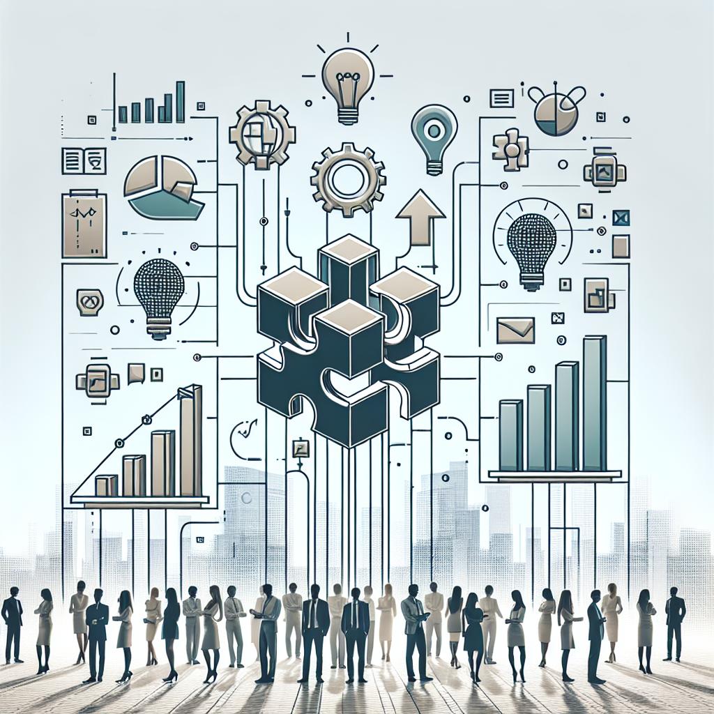 Generate a 2D, linear perspective image using a corporate, flat, and vectorial style. The scene depicts the integration between two corporate entities, represented by two symbolic logos or abstract symbols. Highlight innovation by adding AI icons and represent the concept of segmented audience within a virtual environment. Adding growth charts signifies increased segmentation efficiency. Depict a diverse group of people in collaboration, to reflect teamwork within a non-textured white background.