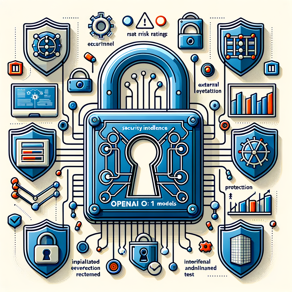 Create an illustration of an artificial intelligence interface embodying the OpenAI o1 models. This 2D, linear perspective image should depict elements of security like padlocks and shields, symbolic of the rigorous evaluation these models underwent. The locks represent the implemented security measures and the shields signify protection against risks and threats. Integrate graphical representations expressing risk ratings. Scatter some icons suggestive of external and internal tests administered. Make the style of the image flat, corporate vector art and set it against a white, seamless background.