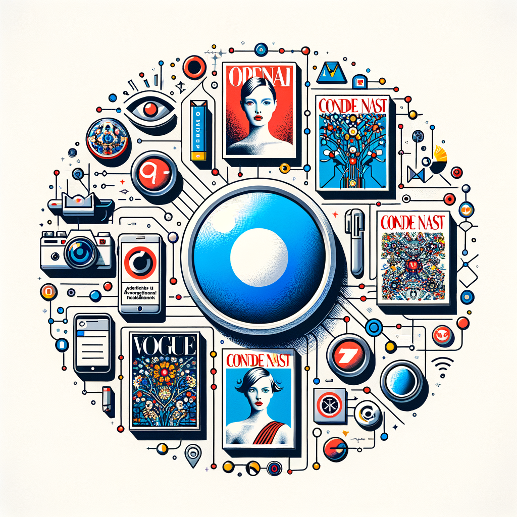 Compose an image that captures the partnership between OpenAI and Condé Nast. The main visual elements on a white, textureless background are the OpenAI and Condé Nast logos, representing the collaboration between the companies. Surround these with icons that symbolize artificial intelligence, illustrating the technology used in this partnership. Also pepper in abstract representations of covers from notable magazines like Vogue and The New Yorker, to emphasize the influential brands involved. Include a visual representation of SearchGPT's search interface to showcase the new search functionality. Connect all these elements with digital links and connections, symbolizing the integration of valuable content and advanced technology. The perspective is 2D, linear, and the overall style should be corporate, flat, and vectorial.