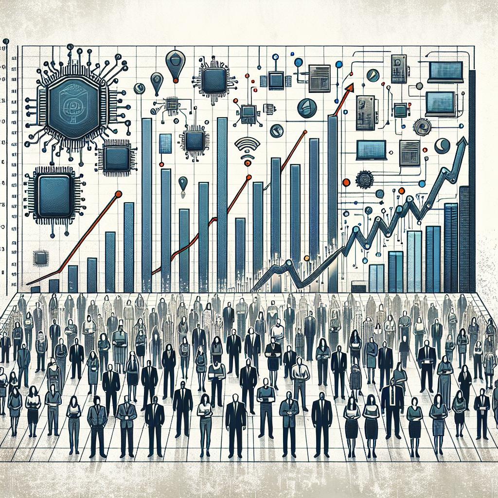 Create a 2D, linear perspective illustration in a vector-based, flat, corporate style. The image should be set against a white, textural background. The main focus of the image is a graph showcasing the downfall of traditional technology companies' stock value compared to the rise of DeepSeek. Interspersed throughout the image are computer chips that symbolize technological innovation. Depict diverse groups of individuals (male, female, Caucasian, Hispanic, Black, Middle-Eastern, South Asian) using technology. This represents the democratization of AI access. Include growing bars to signify potential growth for new corporations in the sector. Finally, integrate symbols of uncertainty to reflect future market ambiguities within the AI industry.