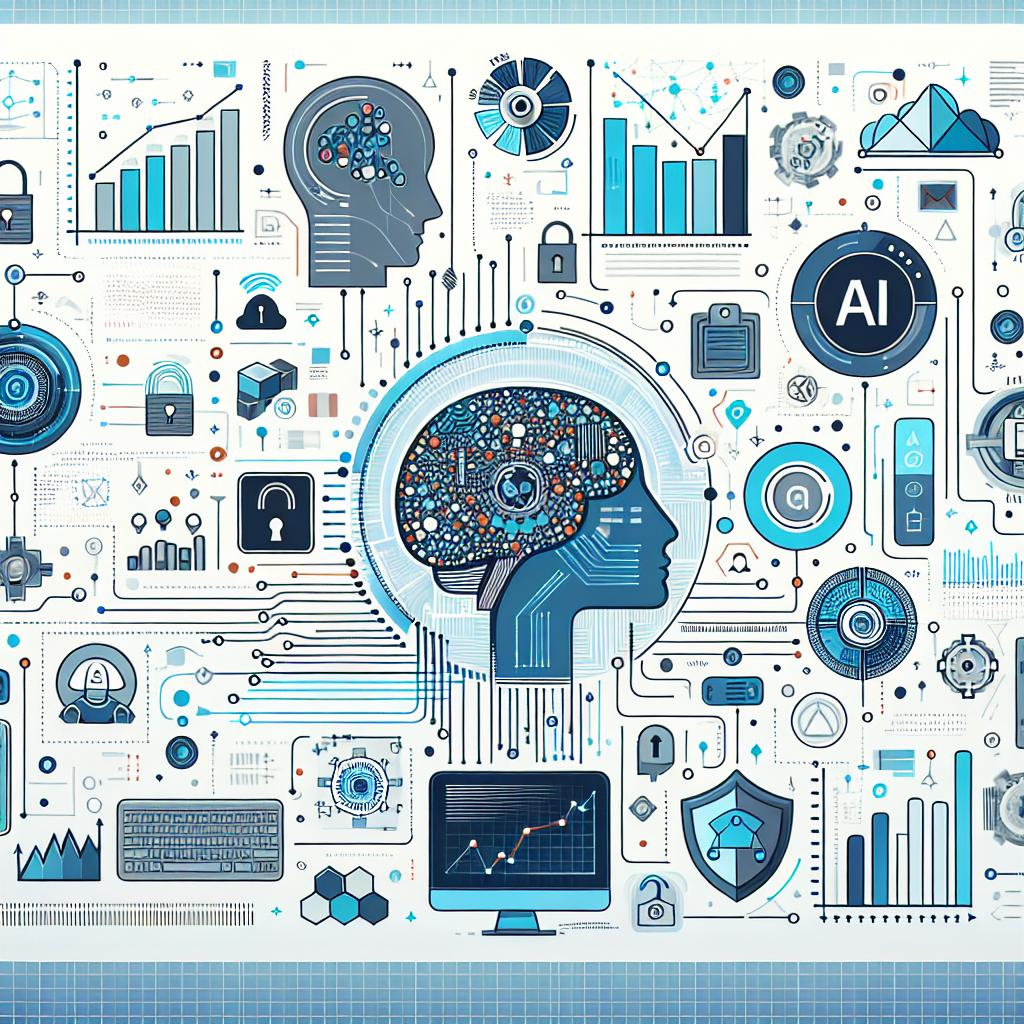 Visualize a futuristic image representing the interplay between technology and business as we approach 2025. This flat, vector-style composition displays data charts, AI icons, digital security symbols on a texture-less, white background. The 2D linear perspective is applied. Data charts illustrate the importance and analysis of data in the corporate environment. AI icons signify the increasing impact of artificial intelligence on business decisions. Security elements symbolize the necessity of data protection and governance. The image is decorated with cool colors to convey a sense of technology and innovation, in a modern layout reflecting the steady evolution of technology.