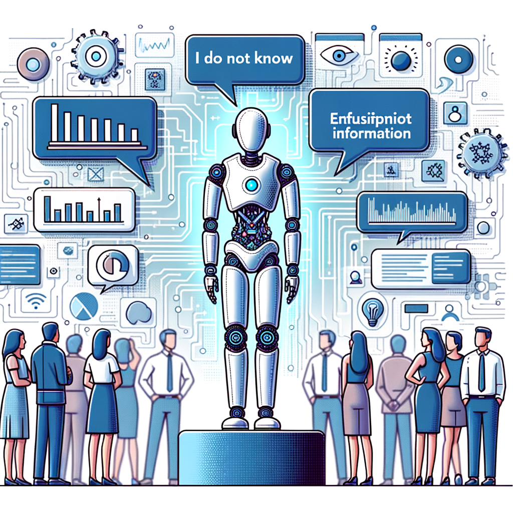 Create an image that captures a scene unfolding in a 2D, linear perspective with a white and textureless background. The main subject is a representation of an AI model, which can be visualized as a robot or digital interface. Next to the AI model are confidence indicators, perhaps represented by bars or charts showing varying confidence levels. Thought bubbles emerge from the AI with phrases like 'I do not know' or 'insufficient information'. Also included in the scene are individuals of varied genders and descents who are interacting with the AI model, expressions of understanding and acceptance visible on their faces. The scene takes place against a digital backdrop, which could include technological elements, like circuit boards or user interfaces. The overall style of the illustration must be vector-based, flat, and corporate.
