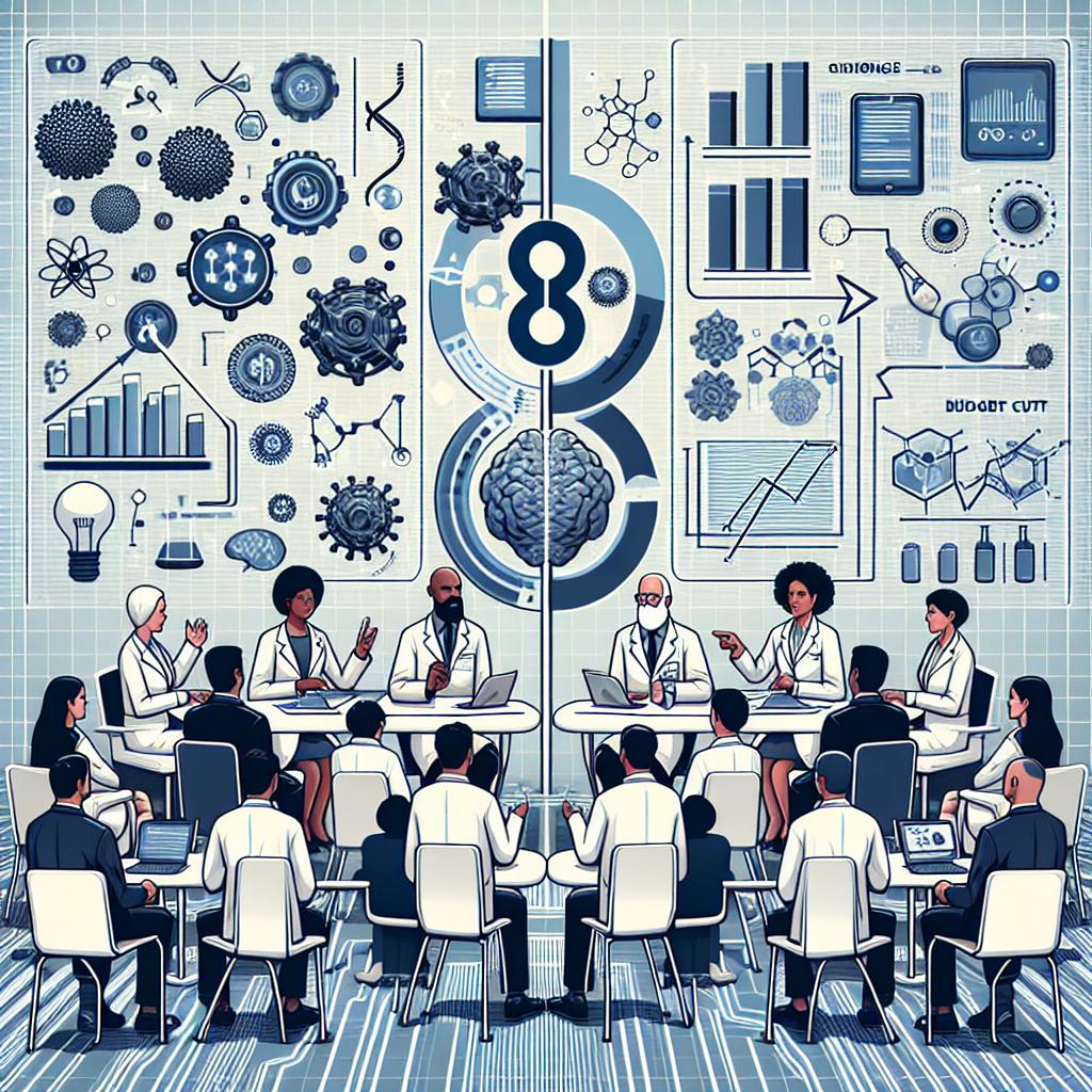 Create a 2D, linear perspective image with a white and texture-free background, in flat, corporate-style vector art. The main subject should be a representation of the tension between academic research and governmental funding. Include elements like science icons to show the threatened academic research and budget cut graphs to symbolize the proposed budget cuts. The background of the image should feature technology-related aspects to underline the field of artificial intelligence and innovation. In the foreground, depict a group of scientists discussing, of various genders and descents, such as a Middle-Eastern female scientist, a Caucasian male scientist, a Hispanic female scientist, a South Asian male scientist and a Black female scientist, collaborating to signify the unity between researchers in response to challenges.