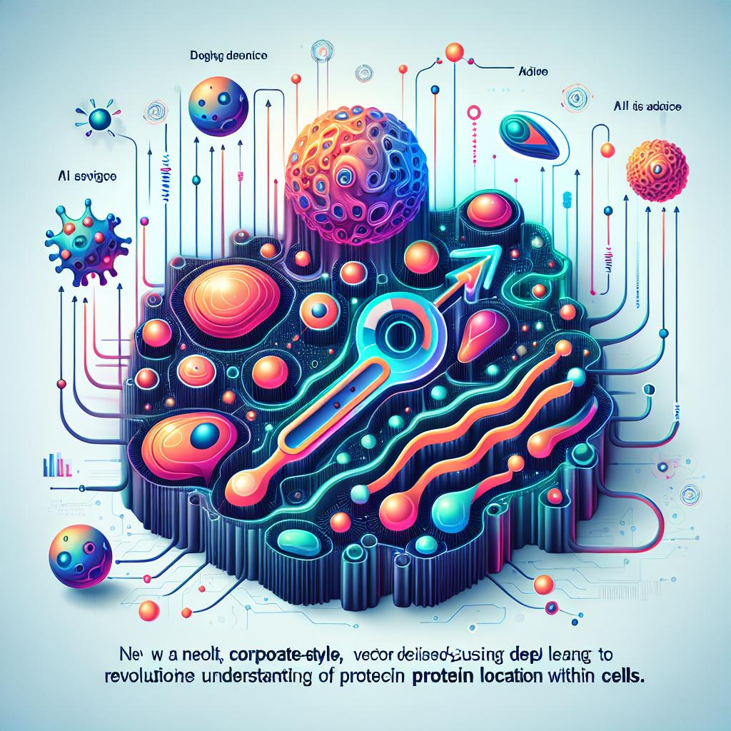 Create a flat, corporate-style, vector 2D image conceptually depicting the new tool called ProtGPS designed using deep learning to revolutionize the understanding of protein location within cells. Under a white and texture-less background, imagine a dynamic environment symbolizing cells where proteins interact. Include colorful illustrations of different protein shapes with arrows indicating directions, symbolizing the predictive nature of the tool. Overlay some AI advice text, emphasizing the connection between technology and biology. Lastly, insert a technological background resembling electric circuits, symbolizing the integration of biology and technology.