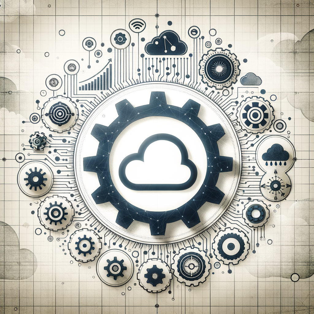 Imagine a flat, corporate styled 2D image. At the center of the picture, focus on underlining the logo of a certain technology software company. Surround this with interconnected gears, which represent the orchestration of data and automation. Make sure to have a white and texture-less background, keeping it simple and clean. This background can support various elements, including data growth charts illustrating the increasing importance of data and analytics. Don't forget to add the symbols of cloud services, like AWS, Azure, and GCP. Infuse the symbols of Artificial Intelligence around the image, indicating the involvement of artificial intelligence in optimizing processes.