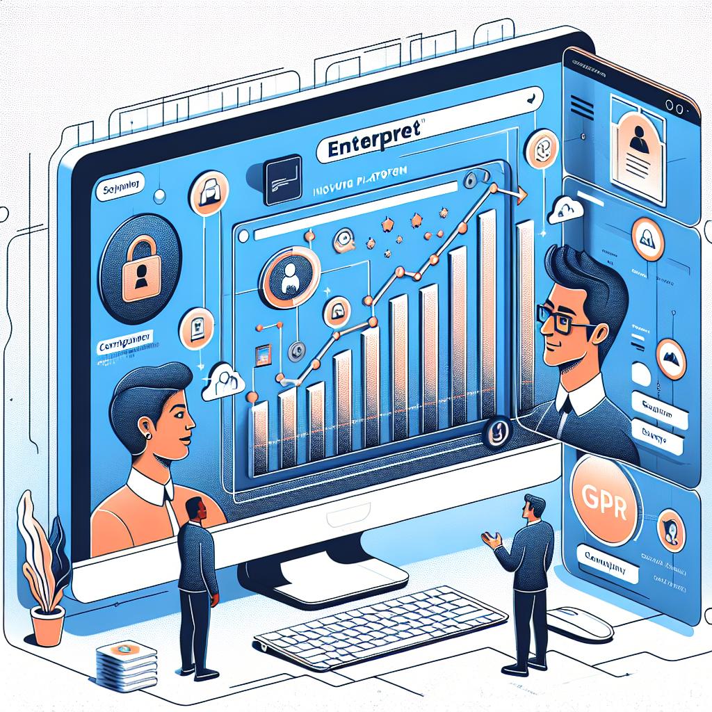 Envision an innovative platform named Enterpret, conceptualized by two male software developers with South Asian descent, set on a white and textureless background. The main focus is a real-time data chart, symbolizing customer feedback being analyzed. This chart is displayed on a computer screen, representing the technological aspect of the platform. Interaction symbols between the computer and chart illustrate the communication between the businesses and their customers. Additionally, include GDPR icons to emphasize compliance with privacy. Maintain a 2D linear perspective. The visual style should be flat and corporate, similar to vector illustrations.