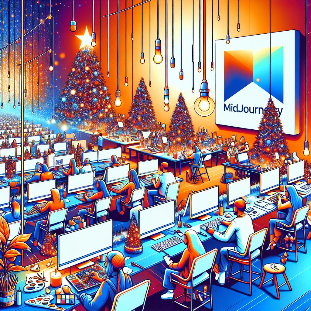 Generate a flat, corporate, and vectorial style image set in a creatively relaxed environment. The scene is festive, lit up with Christmas lights and features artistic elements against a backdrop of a non-textured white surface. Perspective is from a 2d linear viewpoint. In the scene, a diverse mix of people are using the Midjourney platform on their computers and tablets. Artistically themed items such as brushes and palettes scattered around symbolize the artistic creativity being embraced. The seemingly zero wait time signifies the open access to the relaxation mode provided by Midjourney. The entire scene further emphasizes the festivity and creativity of the RELAX-ATHON initiative launched for the remainder of 2024.
