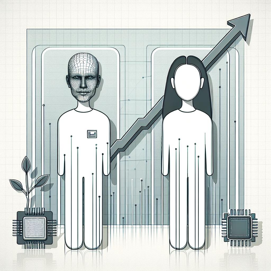 A flat, corporate-style vector drawing in a 2D, linear perspective. The image features two avatar characters on a plain, white, untextured background. One character represents a technology company, identifiable by a unique, generic logo, while the other character represents another technology company, similarly recognizable via another unique, generic logo. The two characters are set amidst rising growth graphs symbolizing the exponential increase of a specific artificial intelligence (AI) technology. Additionally, the illustration includes computer chips signifying the backbone of AI technology.