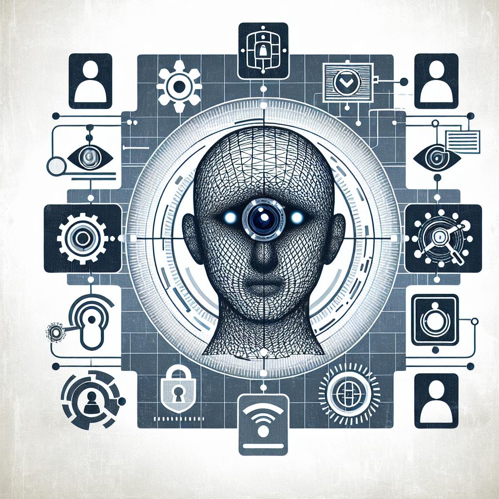 An image in a corporate, flat vector style set against a textureless white backdrop in a 2D, linear perspective. The image depicts an autonomous Web-AI operator interacting with digital identity verification tools. Implied indications of this technological transformation include technology and digital security icons. Additional features of the image are security icons symbolizing the protection of digital identity, human silhouettes symbolizing humanity verification, an iris scanning device showcasing the technology employed, and digital connections illustrating interactivity between humans and AI.