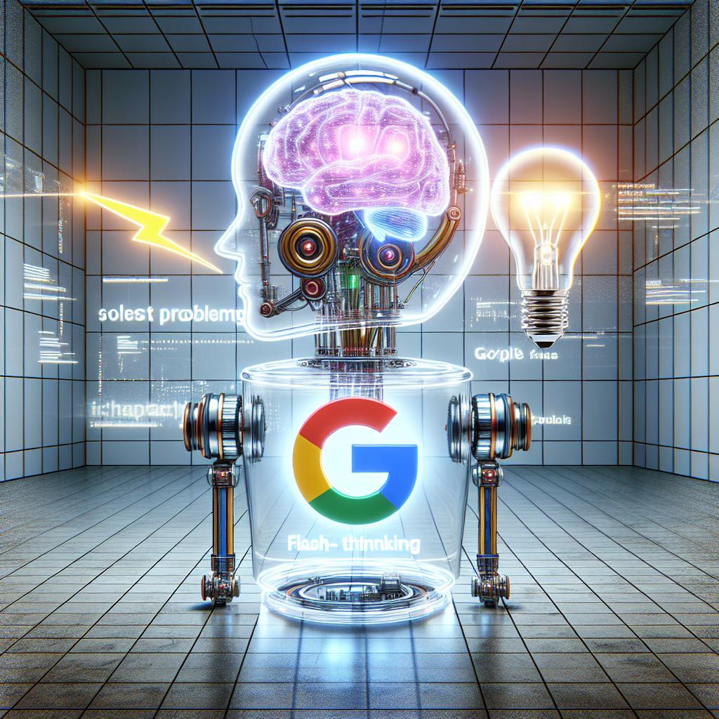 In a futuristic environment that speaks to technological innovation, imagine a Google robot called Gemini 2.0 Flash Thinking. This bot, the company's gleaming new development in artificial intelligence, promises to solve complex problems swiftly and transparently, pitting it against the likes of other advanced models. The robot has a transparent head, housing a bright pink brain, which serves as a symbol of its novel reasoning abilities. Besides, there are an emanating lightning bolt and a bulb present, highlighting the model's creative problem-solving aptitude. This illustrative image is set against a blank and textureless white background. The view is 2D, linear, and the style is vector, flat and corporate.