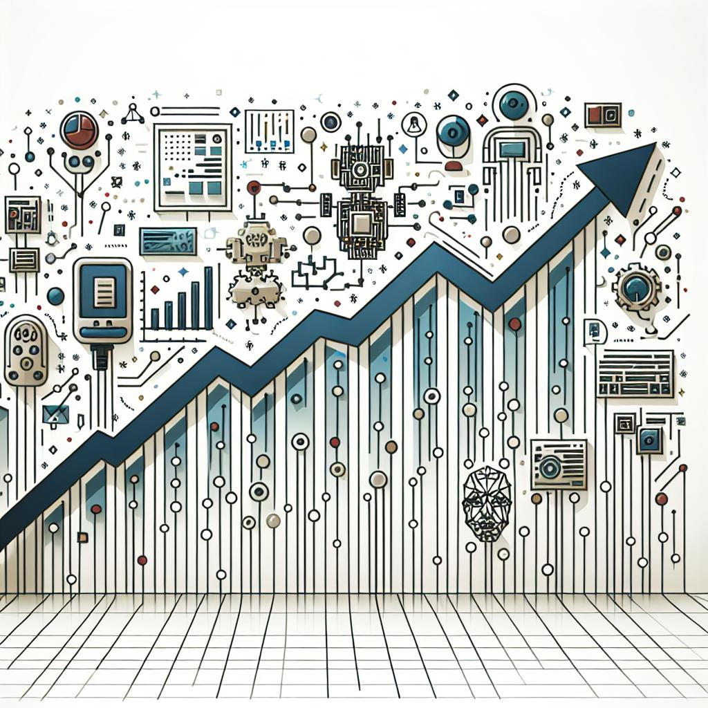 Create a 2D, linear perspective illustration in a vectorized, flat, and corporate style. The image should have a white and textureless background. Central to the image, depict a rising line graph, symbolizing the revenue increase of a major global electronics manufacturer. Beside or integrated into the line graph, include symbolized depictions of artificial intelligence technology, such as circuit boards, neural networks or robot icons, to indicate the growing role this tech has played in the company's success. Across the background, subtly incorporate abstract images of general electronic devices, connecting this company to its major partner in electronics production. Please avoid any brand-specific details on these electronic devices to keep them abstract and generic.