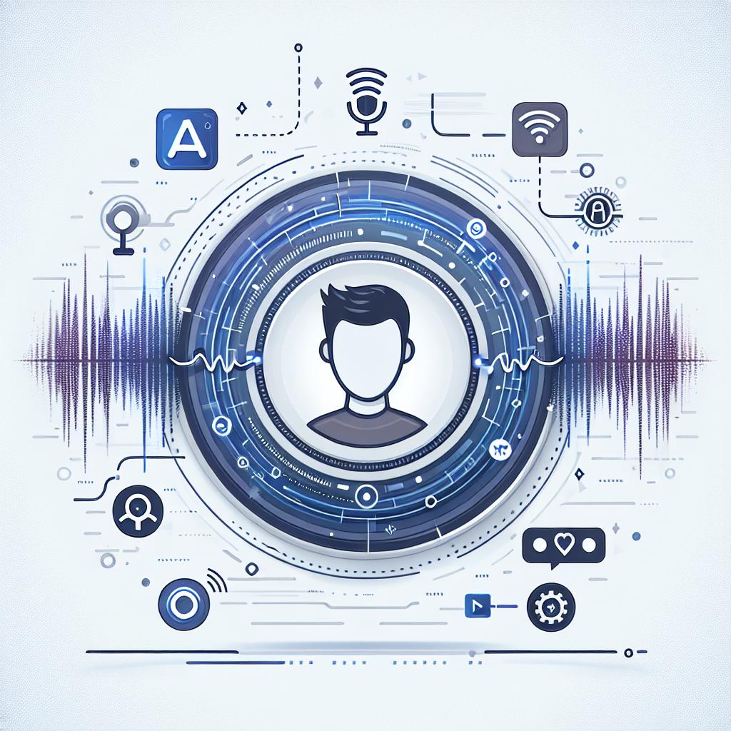 A vector-styled flat, Corporate illustration that describes the functionality of a Voice Design API. In this image, we can see a social media avatar in 2D linear perspective with a soundwave emanating from it, representing the voice generation. The background is technological and futuristic, filled with elements that symbolize artificial intelligence and customization. It's set on a white and texture-less backdrop. Additional elements include waves to symbolize voice generation, an avatar to represent personalization, and cool, technological colors to convey the idea of innovation.