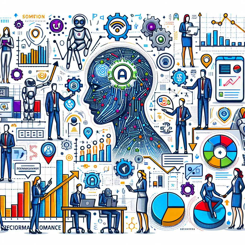 Create a 2D, linear, and vector-style corporate illustration on a white, textureless background. In the image, depict the ongoing revolution of AI agents in customer service as being adopted by companies indicating how modernization and efficiency has been achieved through technology. To show this, include elements like human figures interacting with AI agents in a business environment, and communication icons symbolizing the interaction between AI agents and customers. Additionally, incorporate performance graphs in the image which highlight the decrease in response time due to the implementation of AI. Use vibrant colors throughout to symbolize innovation and dynamism.