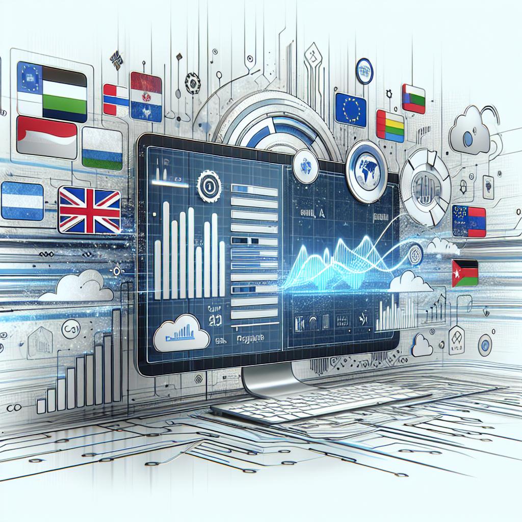 A modern, corporate, and flat styled image in 2D linear perspective representing the interface of a multilingual application. The background is dynamic and technological, reflecting innovation and efficiency, on a texture-less white backdrop. Feature various flags' icons, representing the newly supported languages. Include a screen displaying performance charts to symbolize the precision and effectiveness of an updated language detection model. Incorporate digital elements such as clouds or circuits to depict the digital and global nature of the product.