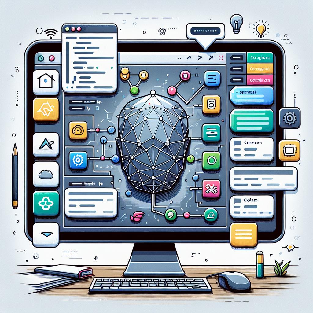 Create an illustration that encapsulates the launch of an artificial intelligence feature known as Codeium Command, integrated into a variety of JetBrains IDEs including IntelliJ, PyCharm, GoLand, WebStorm, PhpStorm, and CLion. This image should portray the interface of Codeium Command within a development environment, focusing on code generation and transformation functions and employed interactive elements. The style should be vector, with a flat corporate aesthetic, in a 2D linear perspective. Set against a white, texture-less background, the IDE screen should depict the Codeium Command functionality in real time. Incorporate icons symbolizing comments and code generation to signify the feature's efficiency. Use vibrant colors to draw attention to the user interface, and subtle animations to highlight the tool's interactivity.