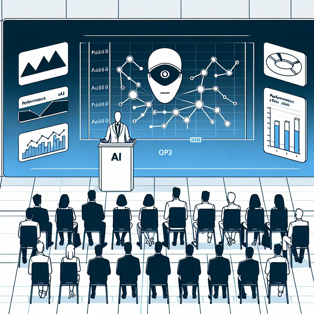 An image that depicts an anonymous tech CEO discussing OpenAI's advancements in o3 models at a live event. The style is vector-based, flat, and corporate. The image should have a 2D and linear perspective on a white and textureless background. Additional elements should include the OpenAI logo to represent the organization's identity, performance graphs of AI to visualize the models' progress, and an attentive audience representing the technology community's interest.