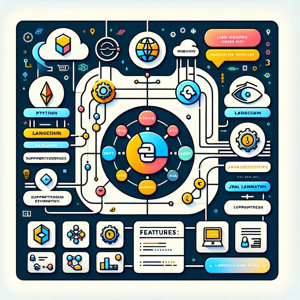 Create a visually engaging 2D, linear perspective image to illustrate the key updates and features of LangChain v0.3 in a White, textureless background. The primary visual is a feature chart highlighting the new updates using vibrant colors to reflect technology and innovation. Including vector, flat design style, the composition should also encompass the logos of Python and JavaScript, symbolizing the supported environments. Additional elements include various technology icons, further marking the nuance of innovation and improvements.