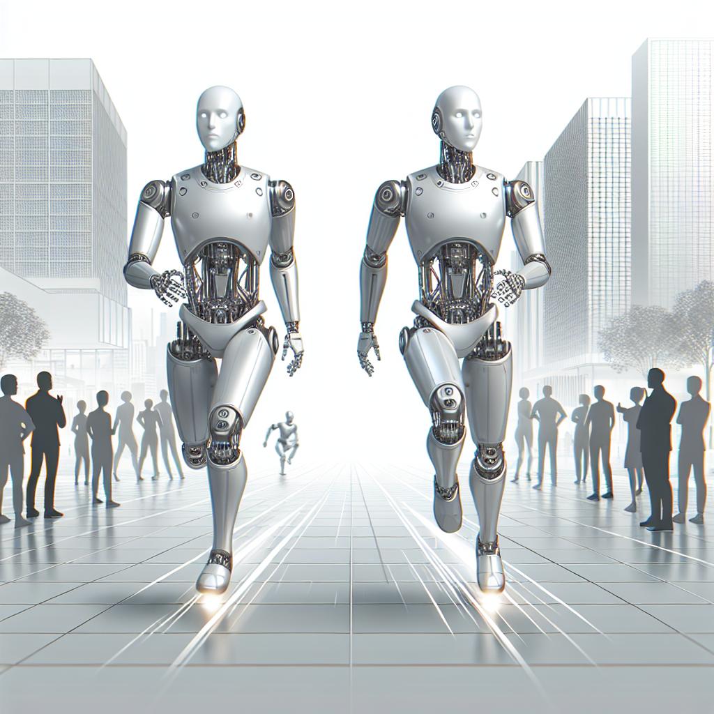 Create an articulate, corporate-style vector image in a 2D perspective with a white and untextured background. The image showcases two silver, humanoid robots, exuding a metallic feel to reflect modernity and technology. These robots are depicted running autonomously on an urban pathway, symbolizing the intersection of cutting-edge robotics with daily life. Additionally, incorporate elements that represent public interest in robotics, such as spectators looking at the robots with intrigue. This scene portrays the technological innovation in the world of robotics.