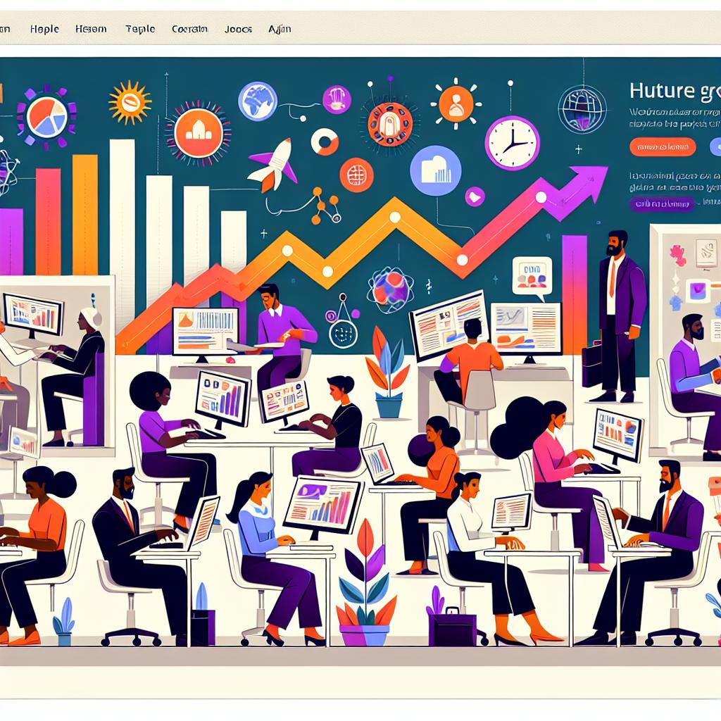 Visualize a 2D, vector-style illustration in corporate flat design style on a white, texture-less background. The scene portrays different people from various descents integrating technology into their modern workspaces. Ensure that the scene shows diversity, having Black, Caucasian, Hispanic, Middle-Eastern, and South Asian characters of different genders actively working on computers. Integrate symbols associated with the health and education sector, highlighting these sectors as high-growth ones. Include dynamic, ascending job growth charts to emphasize the predicted growth. Use vibrant color themes to convey optimism about the future of work.