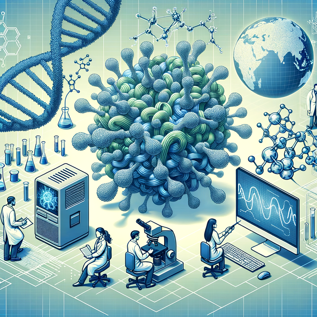 Generate a 2D, linear perspective image in a vectorial, corporate style with a pure white background. The image features a 3D graphical representation of proteins, radiating complexity and diversity. There is a computer symbolizing the application of artificial intelligence and advanced technology. We see scientists of different descents and genders working in a lab - there's a Hispanic female scientist and a Middle-Eastern male scientist, signifying global collaboration. A world map highlights international collaboration and global impact. Lastly, there's a microscope denoting scientific research and discovery. The overall color scheme involves shades of blue and green, signifying science and technology, with white for clarity and contrast.