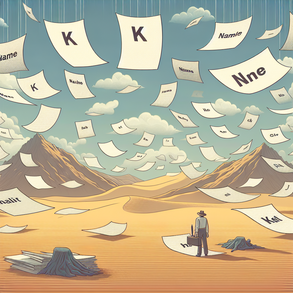 Create a 2D, linear perspective, vector style image in a corporate flat design. Depict an arid desert, symbolizing the scarcity of diversity in names generated by language models. A writer is standing in the midst of the desert, surrounded by papers fluttering around them. Each paper has the same name beginning with the letter 'K', signifying the lack of creativity and variety witnessed in name generation by language models. Above the desert scene, illustrate a cloudy sky that stands as an indicator of the uncertainties regarding the future of narrative. The image is set on a white, texture-less background.