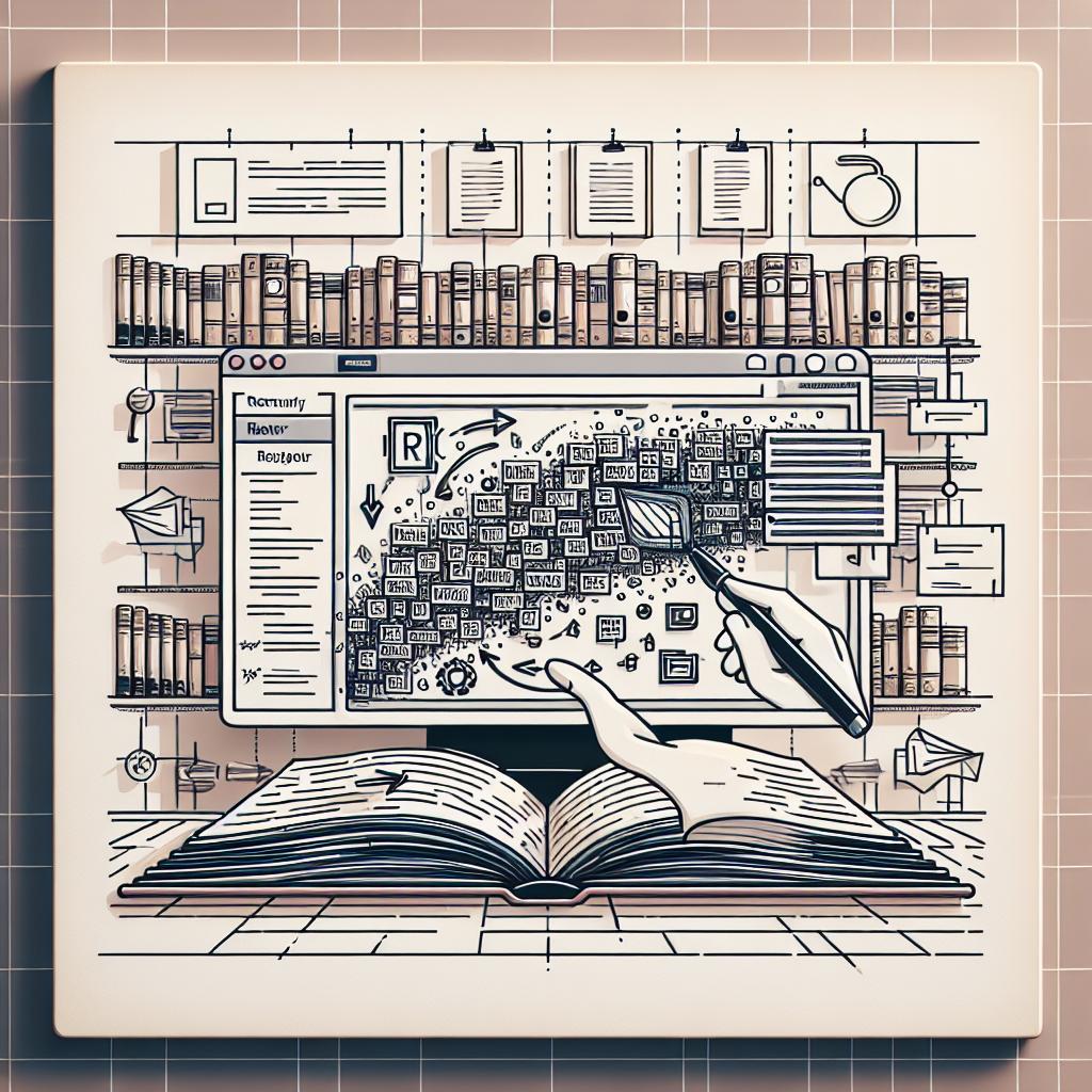 Depict an image with a 2D, linear perspective in a flat, corporate vector style on a plain white background. The central element is a user interface of an open-source tool named HTRflow, designed to facilitate handwritten text recognition (HTR) and optical character recognition (OCR). It should be shown being used on a digitally scanned handwritten document, with overlays highlighting the transformation of handwritten text into digital text. The backdrop should hint at a library or an archival environment symbolizing the preservation of history, possibly through subtle elements like shelves, catalogs, or decors, that goes with corporate aesthetics.